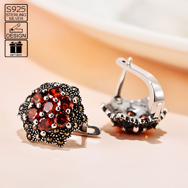 925 Sterling Silver Flower Garnet Earrings Hypoallergenic